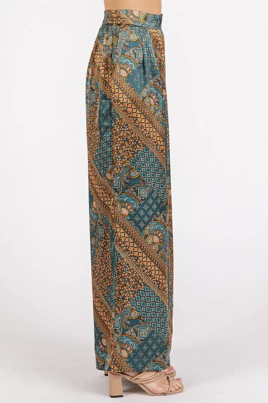 Mittoshop Paisley Patchwork Print Satin Wide Leg Pants - Fashorio