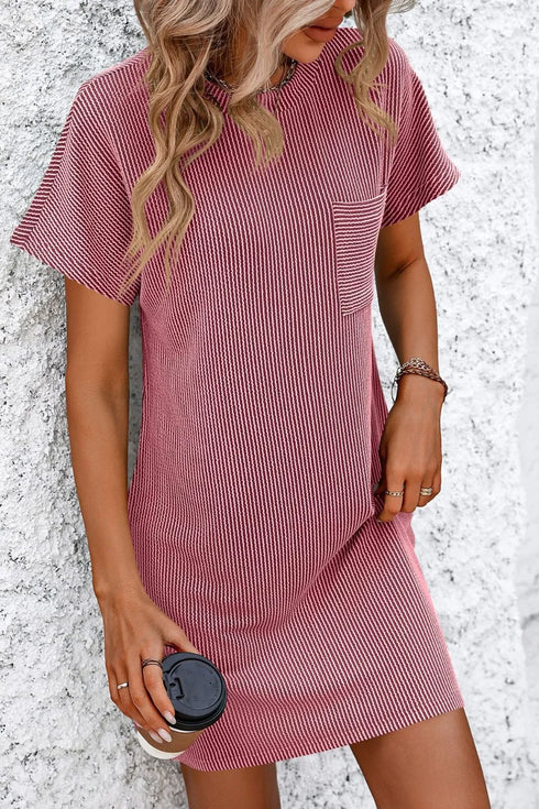 Mandy Ribbed Striped Short Sleeve Mini Tee Dress Deep Rose - Fashorio