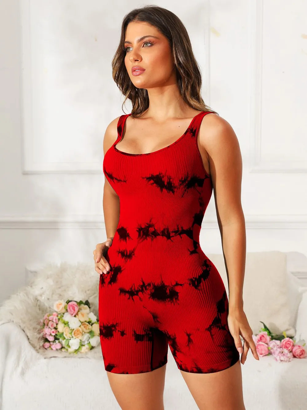 Tie-Dye Wide Strap Active Romper - Fashorio