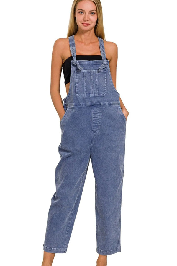 Zenana Washed Knot Strap Relaxed Fit Overalls BLACKBERRY - Fashorio