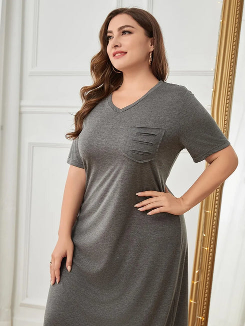 Plus Size Pocketed V-Neck Short Sleeve Lounge Dress - Fashorio