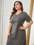 Plus Size Pocketed V-Neck Short Sleeve Lounge Dress - Fashorio