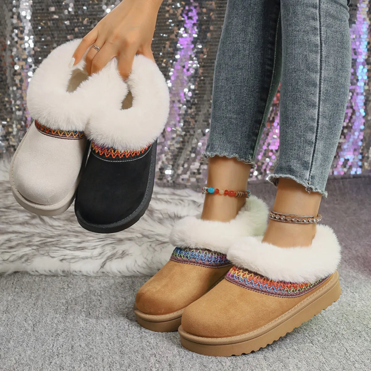 Fur-Lined Platform Boots with Decorative Woven Strap - Fashorio