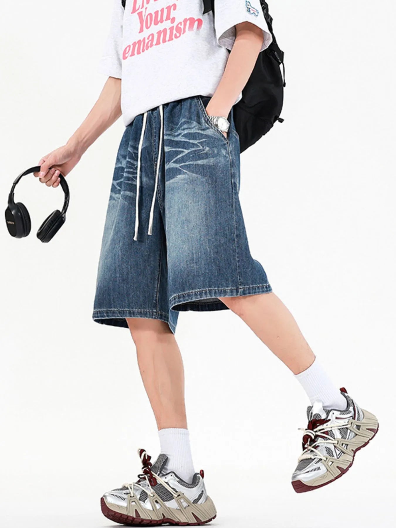 Men's Full Size Relaxed Fit Denim Shorts with Drawstring Waist Plus Size - Fashorio