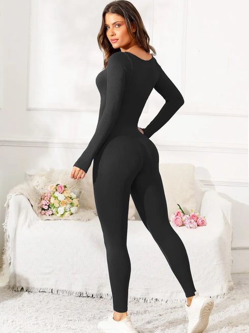 Scoop Neck Long Sleeve Active Jumpsuit - Fashorio