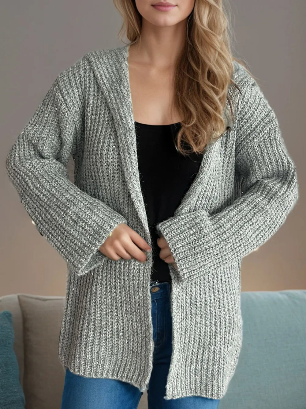 Sequin Detail Long Sleeve Hooded Cardigan - Fashorio