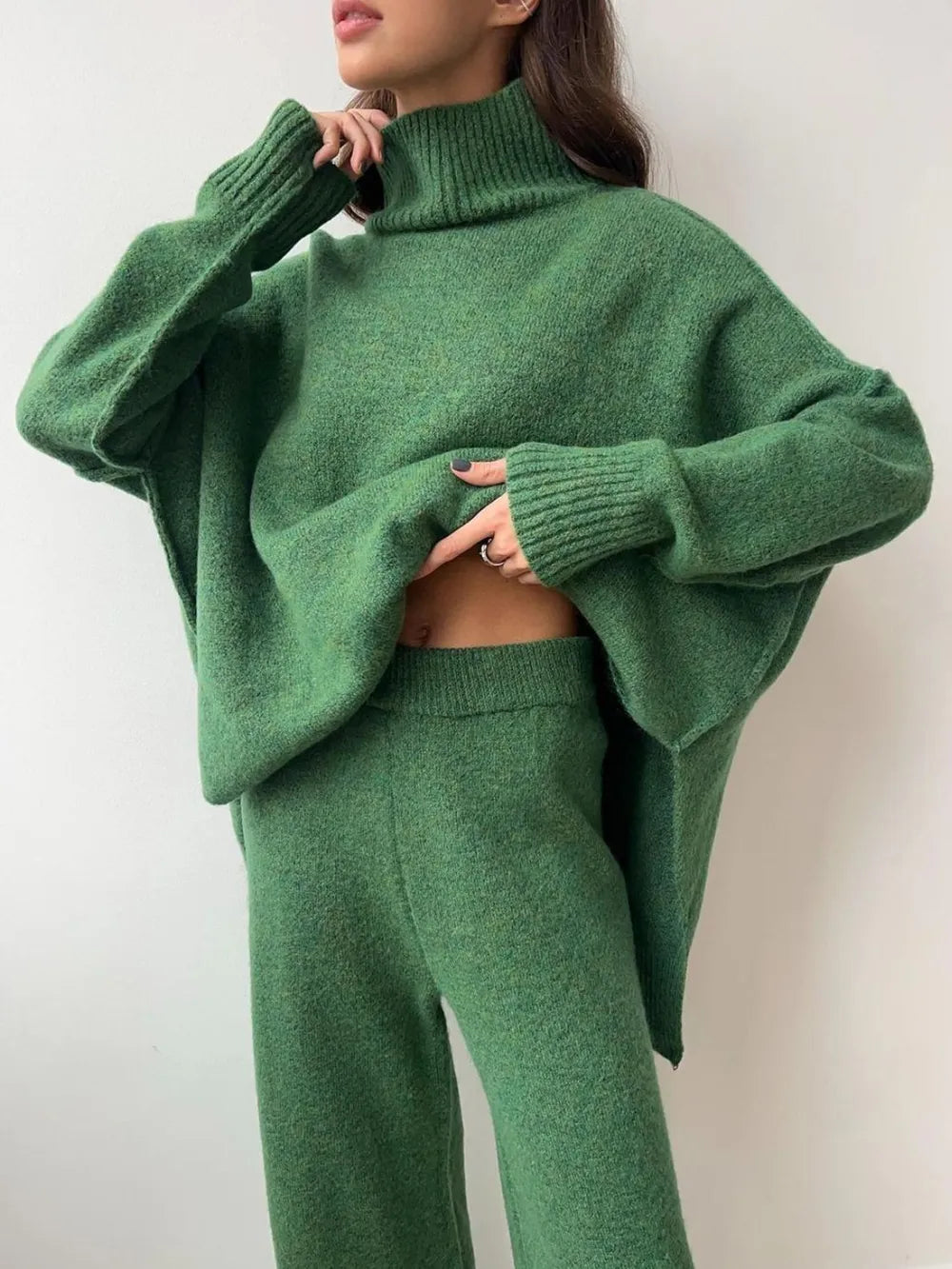 Slit Turtleneck Long Sleeve Top and Pants Sweater Set - Fashorio