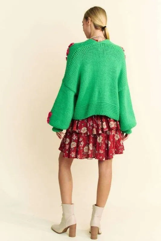 Davi & Dani Floral Applique Open Front Drop Shoulder Cardigan - Fashorio