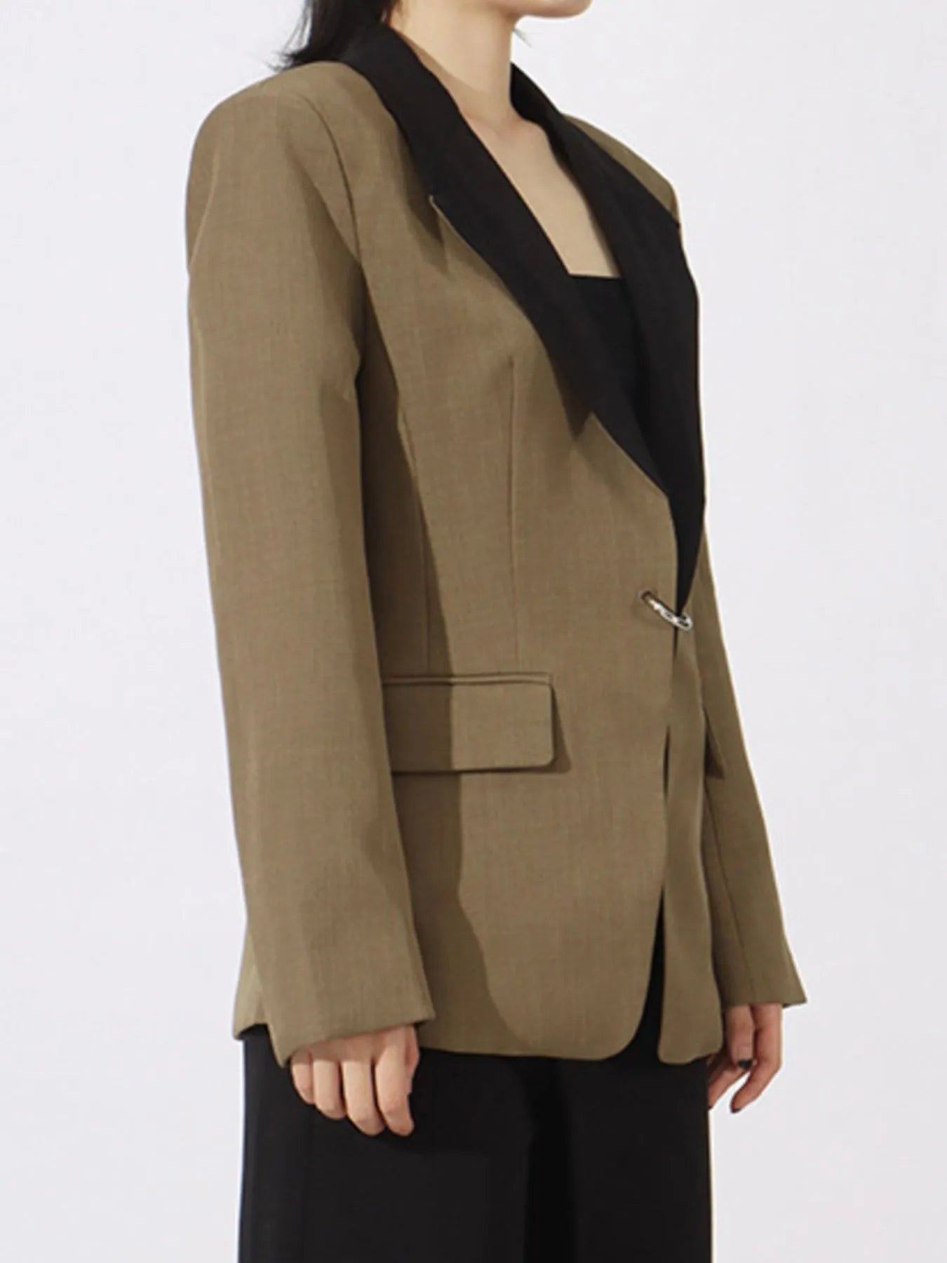 Contrast Lapel Collar Long Sleeve Blazer - Fashorio