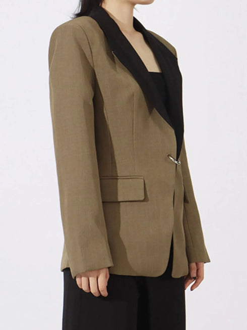 Contrast Lapel Collar Long Sleeve Blazer - Fashorio