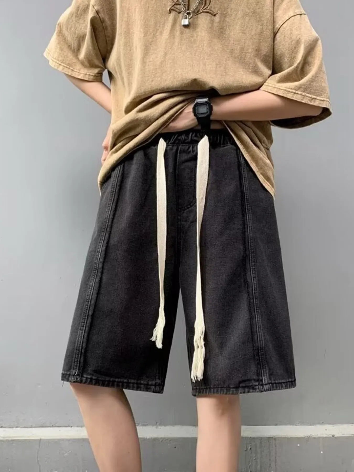 Men's Full Size Drawstring Denim Shorts with Pockets Plus Size - Fashorio