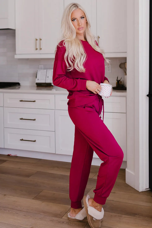 Round Neck Top and Drawstring Pants Lounge Set - Fashorio