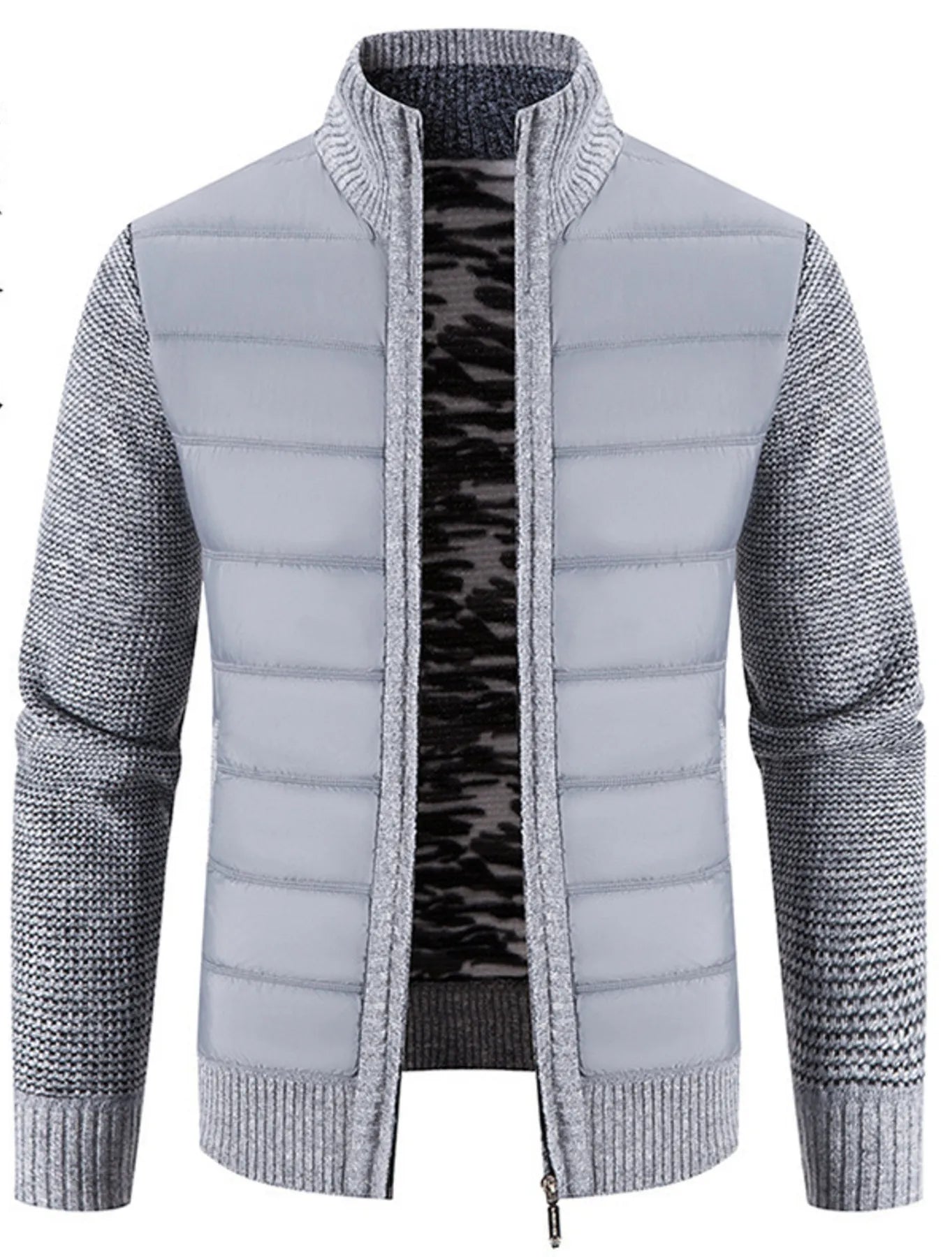 Men's Plus Size Quilted Knit Bomber Jacket with Stand Collar Light Gray - Fashorio