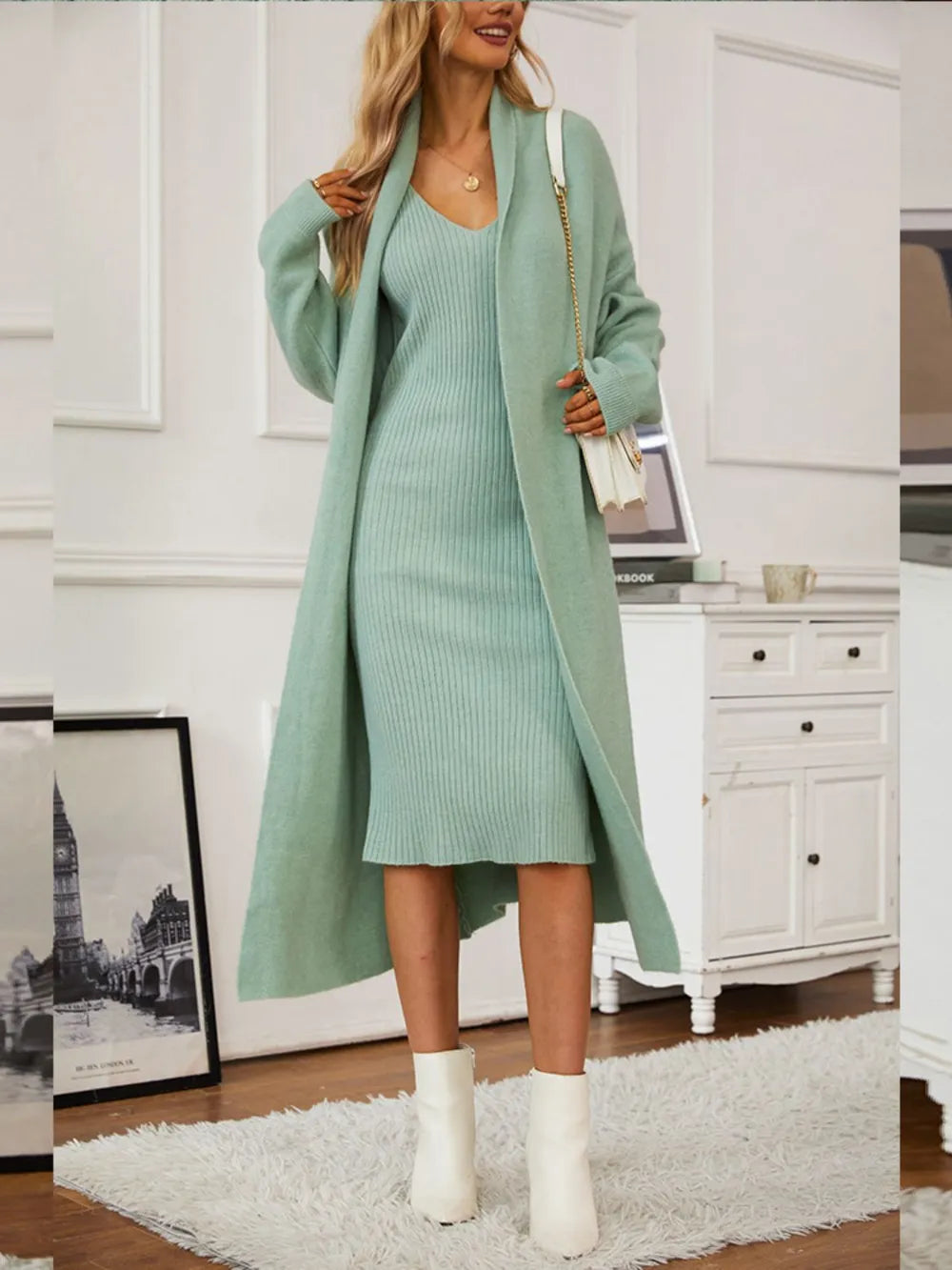 V-Neck Cami Dress and Open Front Cardigan Sweater Set - Fashorio