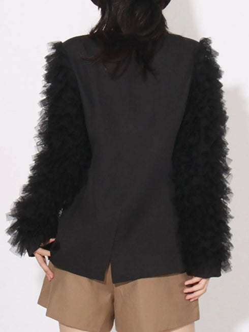 One Button Mesh Long Sleeve Blazer - Fashorio