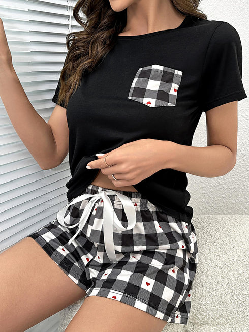 Plaid Heart Top and Shorts Lounge Set - Fashorio