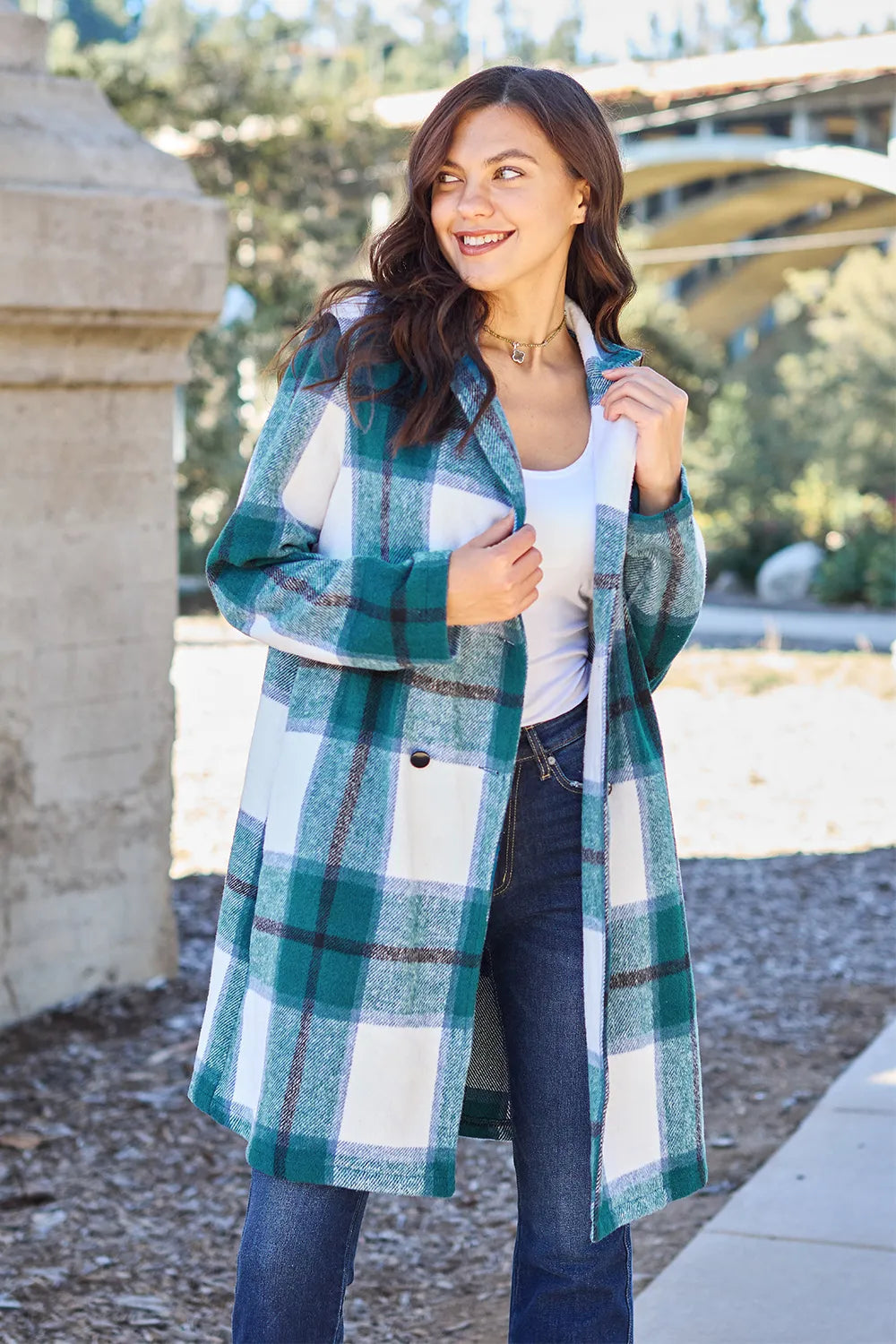 Double Take Full Size Plaid Button Up Lapel Collar Coat French Blue - Fashorio