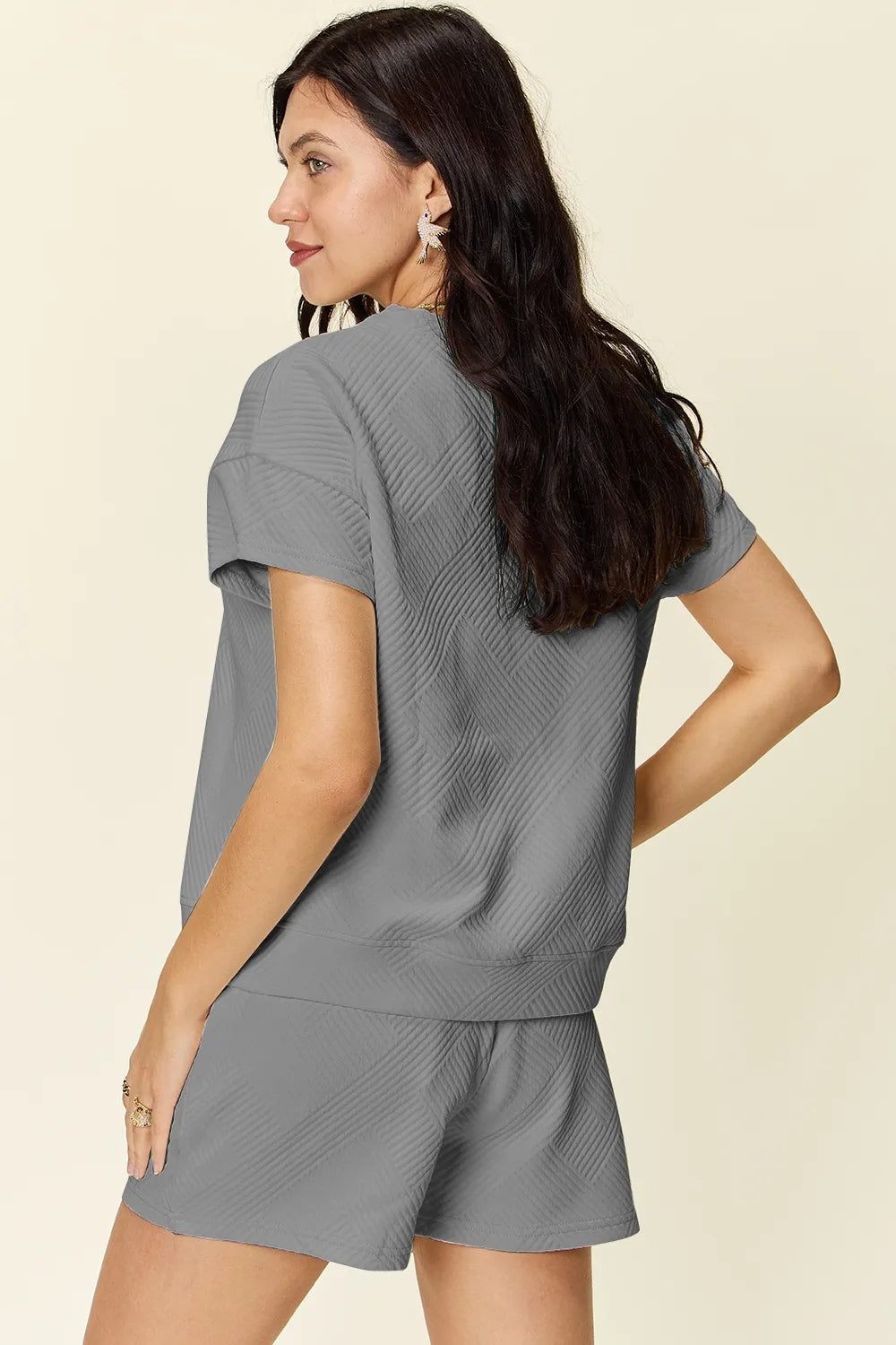 Double Take Full Size Texture Short Sleeve T-Shirt and Drawstring Shorts Set - Fashorio