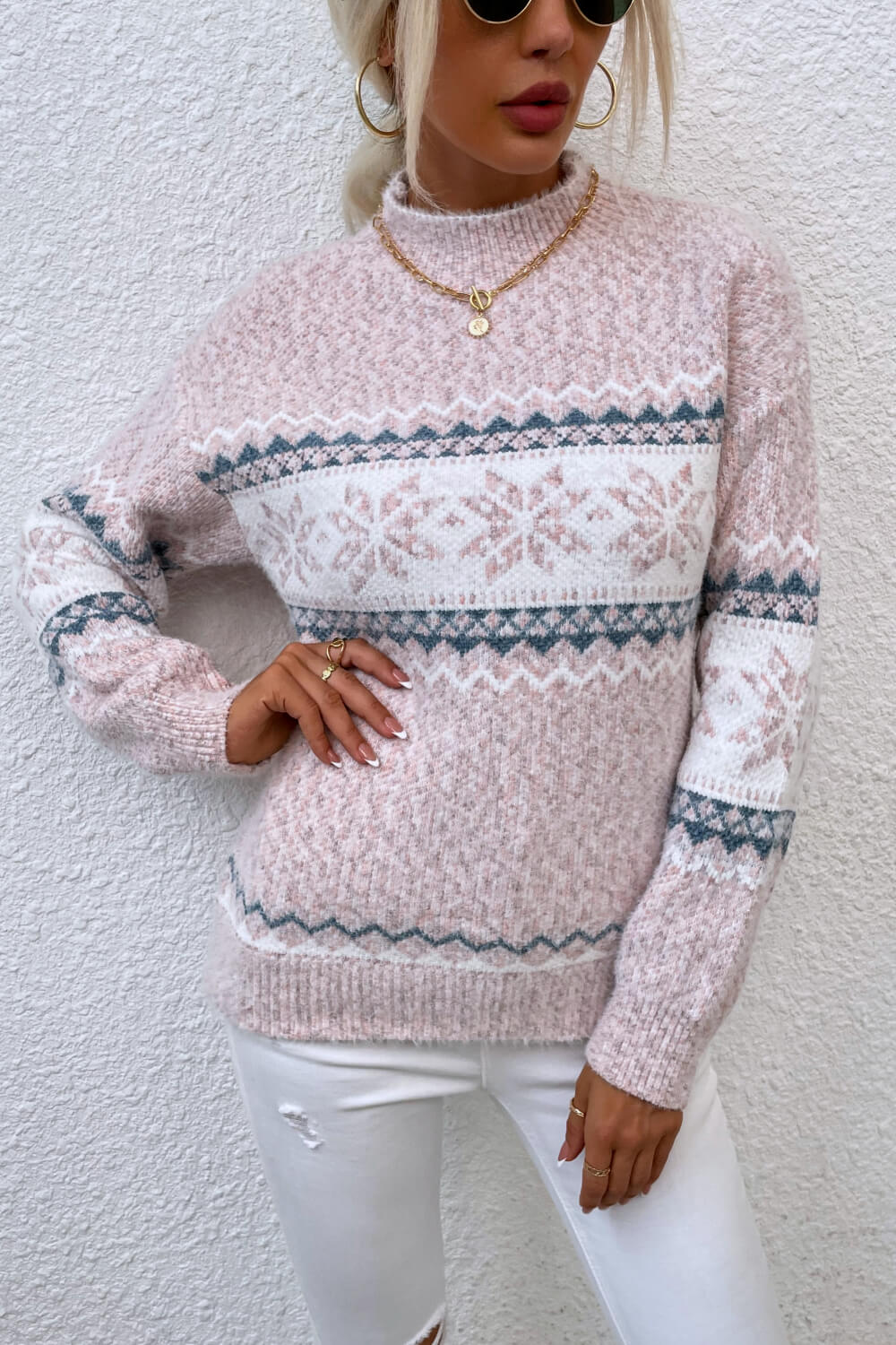 Snowflake Pattern Mock Neck Sweater - Fashorio