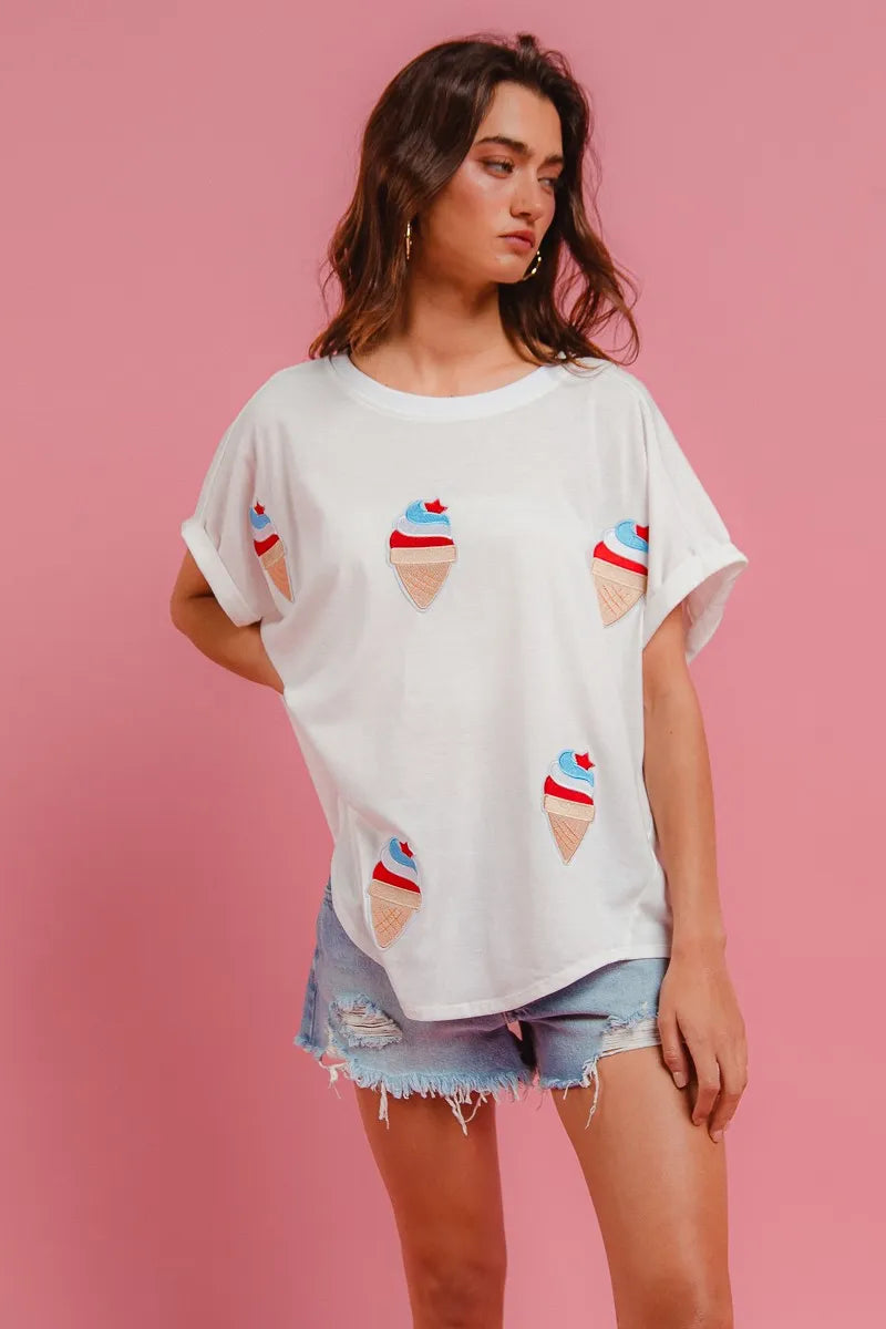 BiBi Solid Terry With Fourth Of July Theme Patched Top - Fashorio