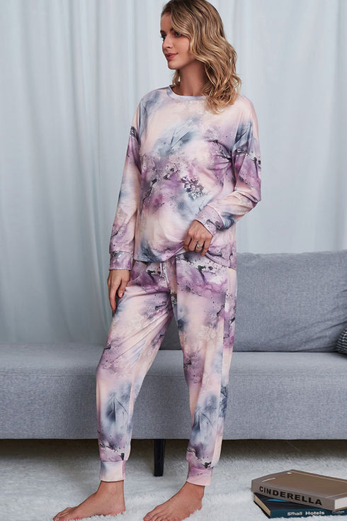 Shiny Tie-Dye Crewneck Top and Drawstring Waist Joggers Lounge Set - Fashorio