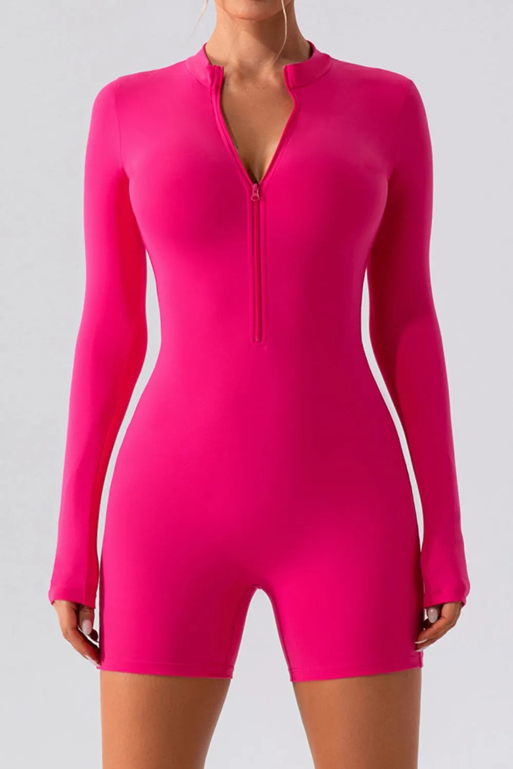 Half Zip Long Sleeve Active Romper Hot Pink - Fashorio