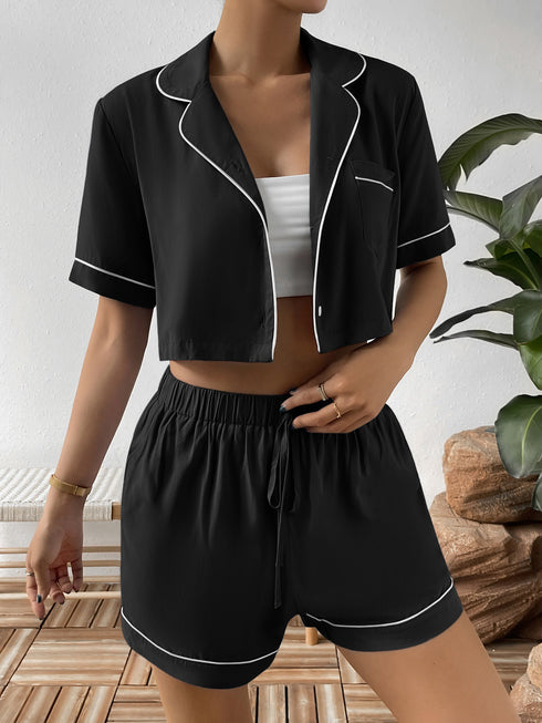 Ivy Lane Contrast Lapel Collar Cropped Shirt and Shorts Lounge Set - Fashorio