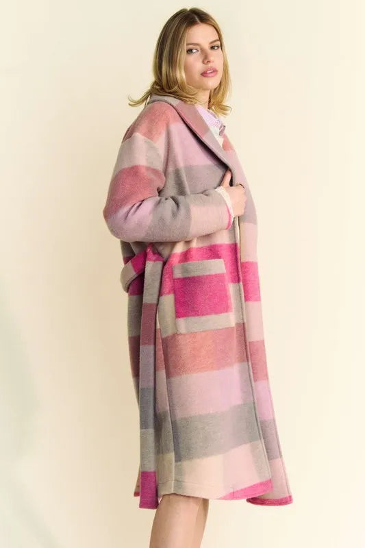 Davi & Dani Tied Color Block Collared Neck Coat - Fashorio
