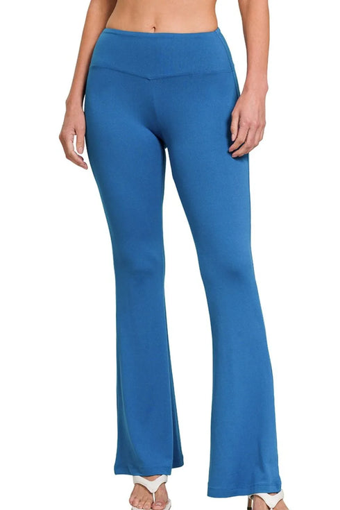 Zenana Buttery Soft Flare Leg High Waist Yoga Pants CLASSIC BLUE - Fashorio