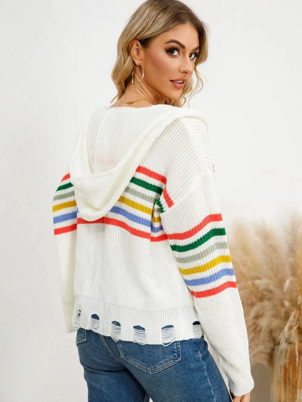 Drawstring Striped Dropped Shoulder Hooded Cardigan - Fashorio