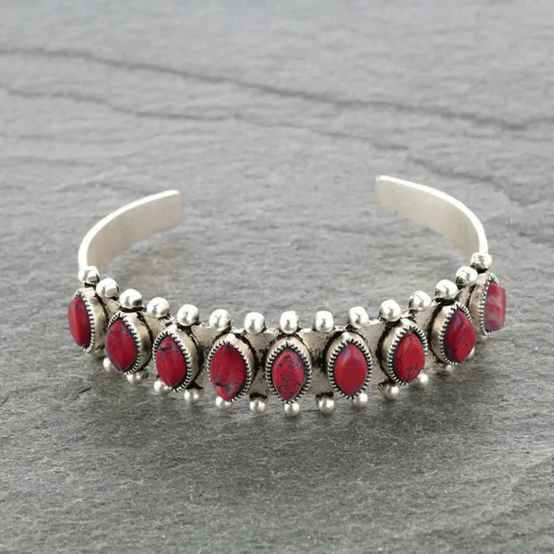 Artificial Turquoise Alloy Open Bracelet Red One Size - Fashorio