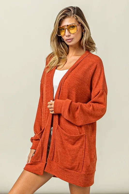 BiBi Open Front Drop Shoulder Cardigan with Pockets - Fashorio