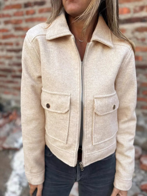 Zip Up Long Sleeve Jacket with Pockets – Casual Outerwear Apricot - Fashorio