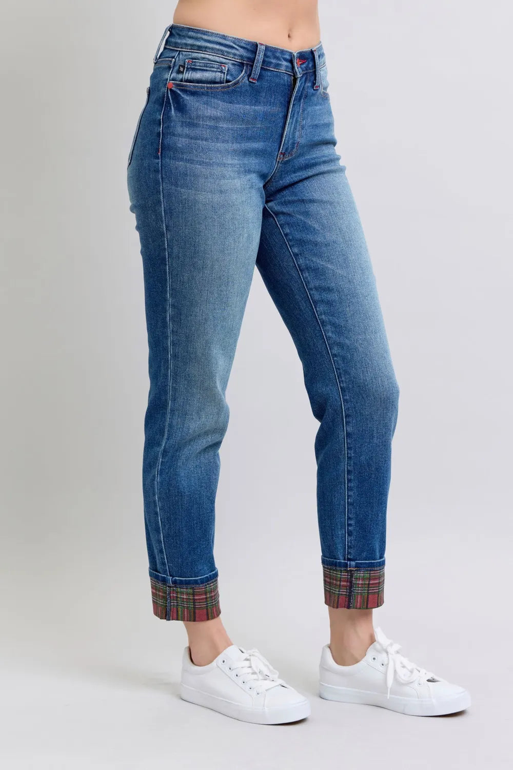 Judy Blue Full Size Plaid Print Cuff Straight Leg Jeans with Pockets - Fashorio