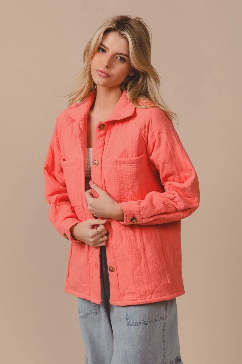 BiBi Quilted Gauze Shacket – Oversized Buttoned Long Sleeve - Fashorio