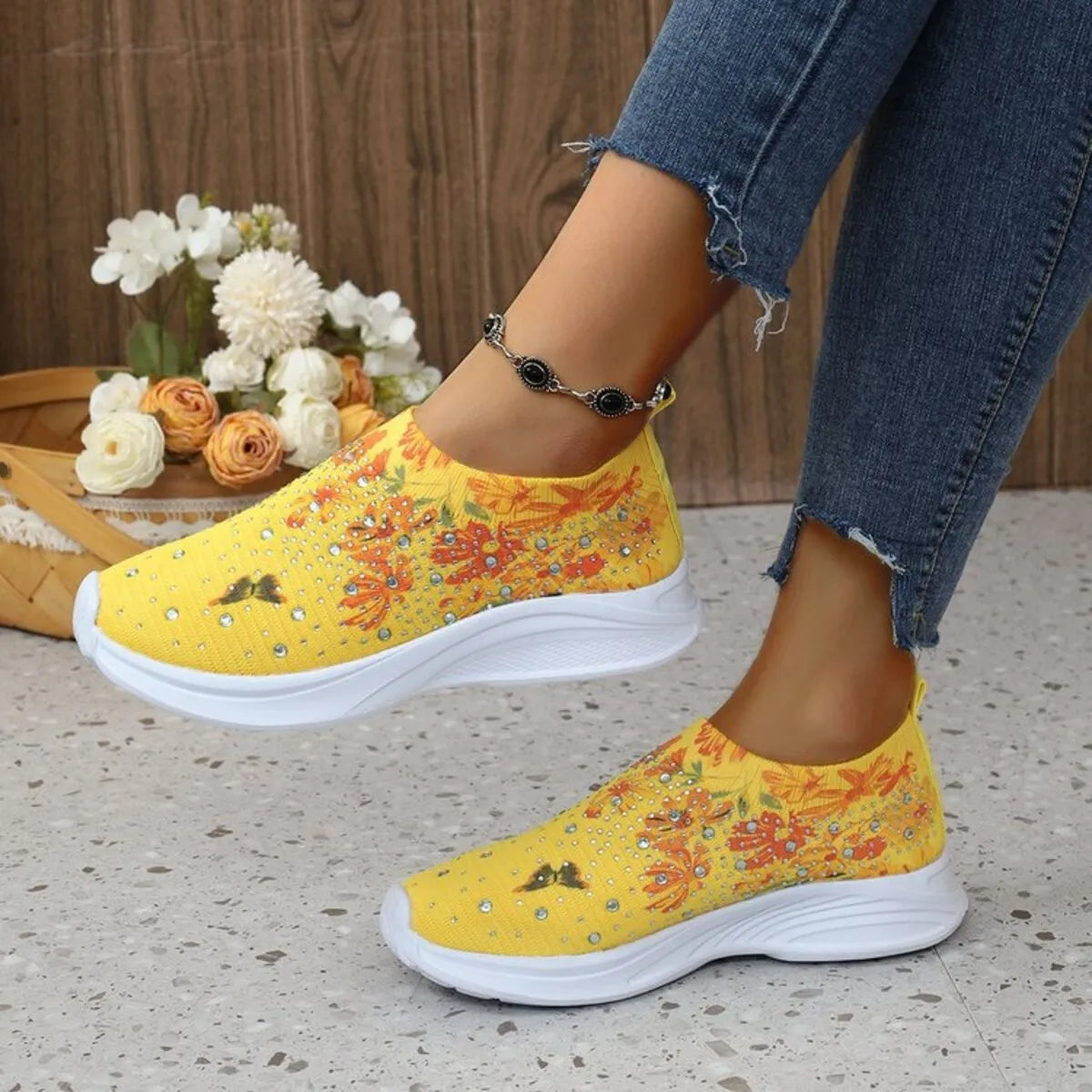Rhinestone Floral Print Sneakers - Fashorio