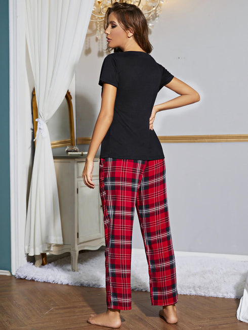 Heart Graphic V-Neck Top and Plaid Pants Lounge Set - Fashorio