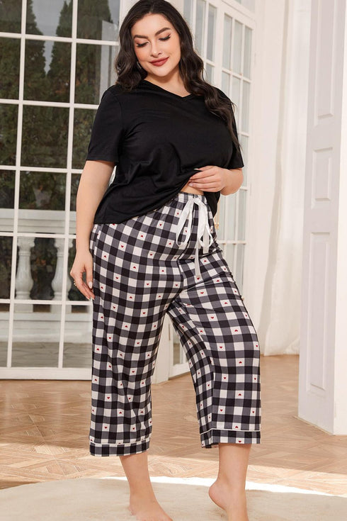 V-Neck Tee and Plaid Cropped Pants Lounge Set - Fashorio