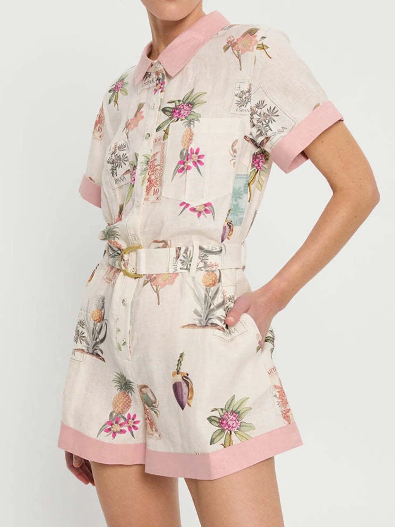 Printed Short Sleeve Romper with Belt - Fashorio