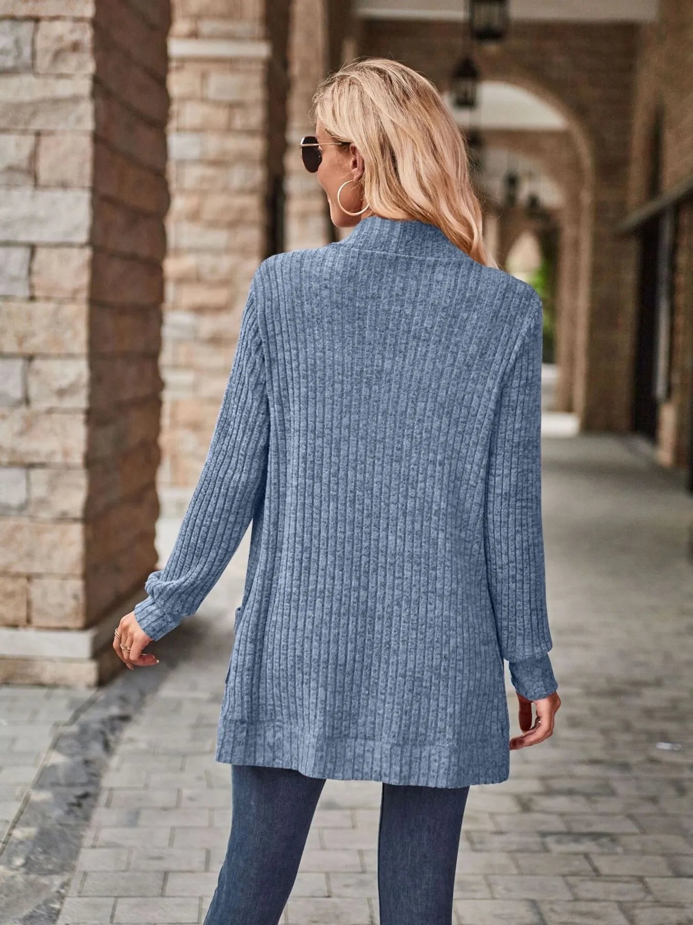 Ribbed Open Front Long Cardigan with Pockets - Fashorio