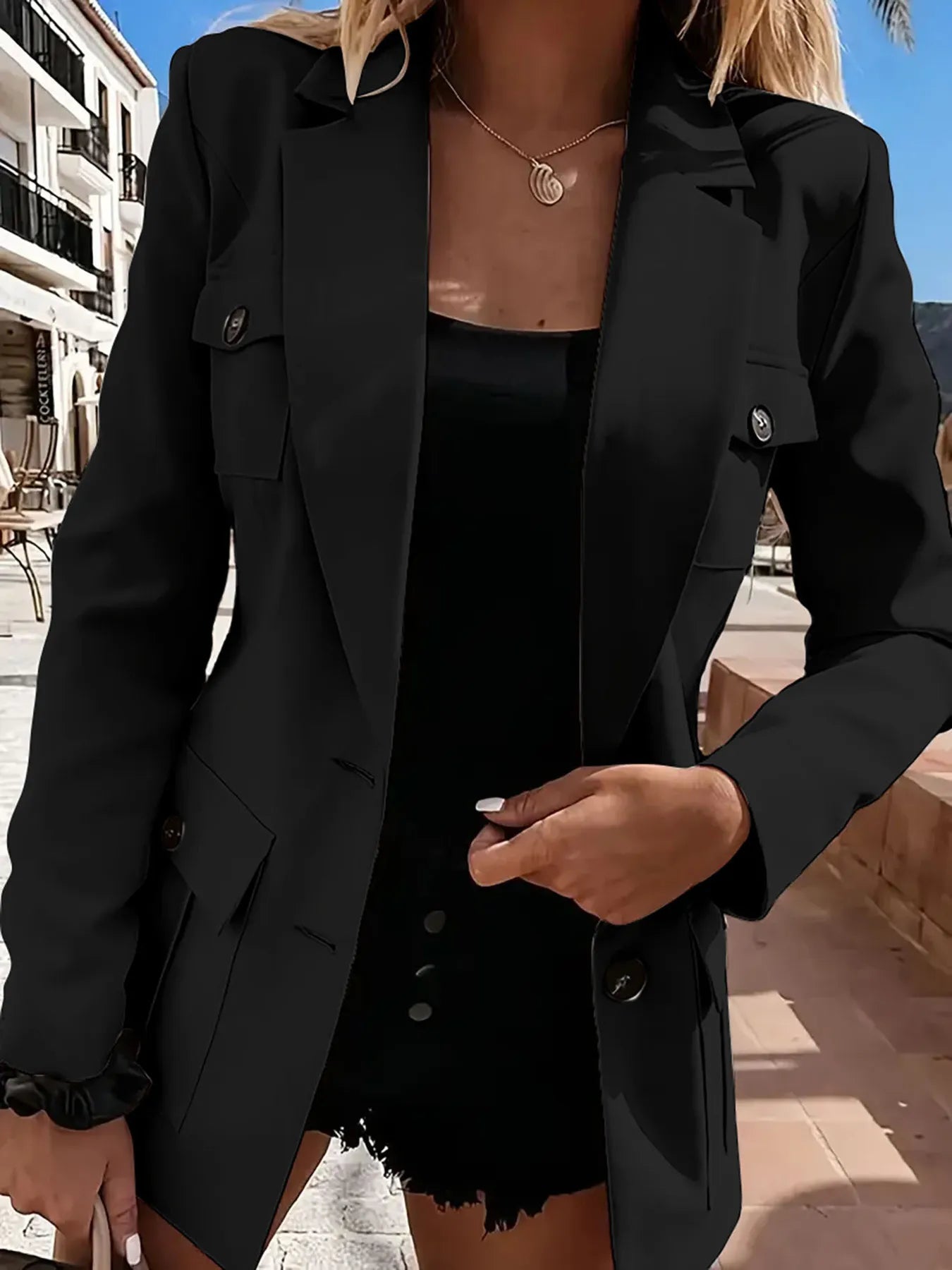 Lapel Collar Long Sleeve Blazer - Fashorio