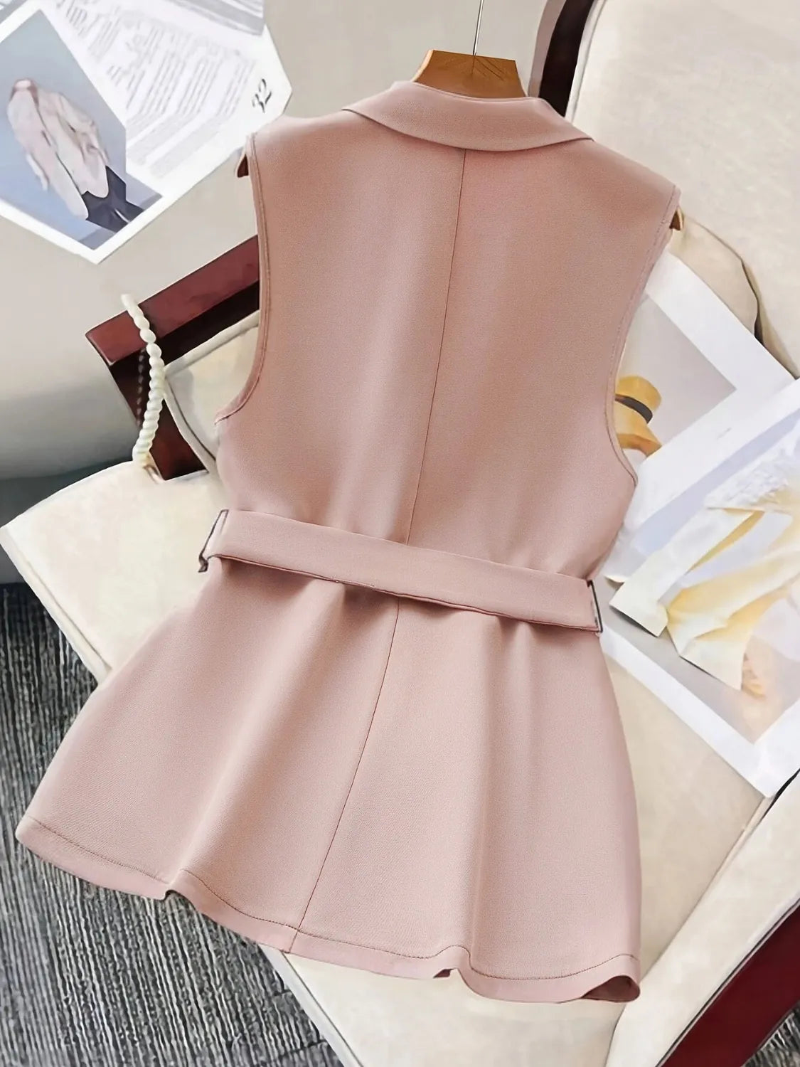 Tie Waist Lapel Collar Sleeveless Blazer - Fashorio