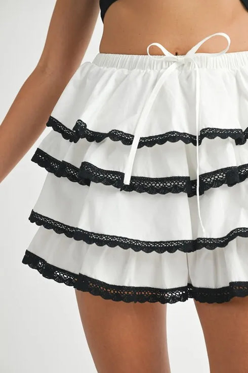 MABLE Poplin Ruffle Layered Contract Lace Trim Mini Skirt - Fashorio