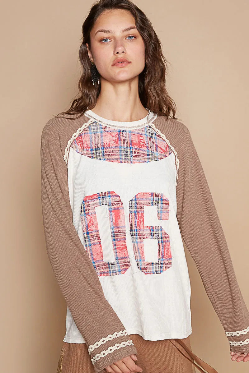 POL Plaid Number 06 Raglan Sleeve T-Shirt - Fashorio