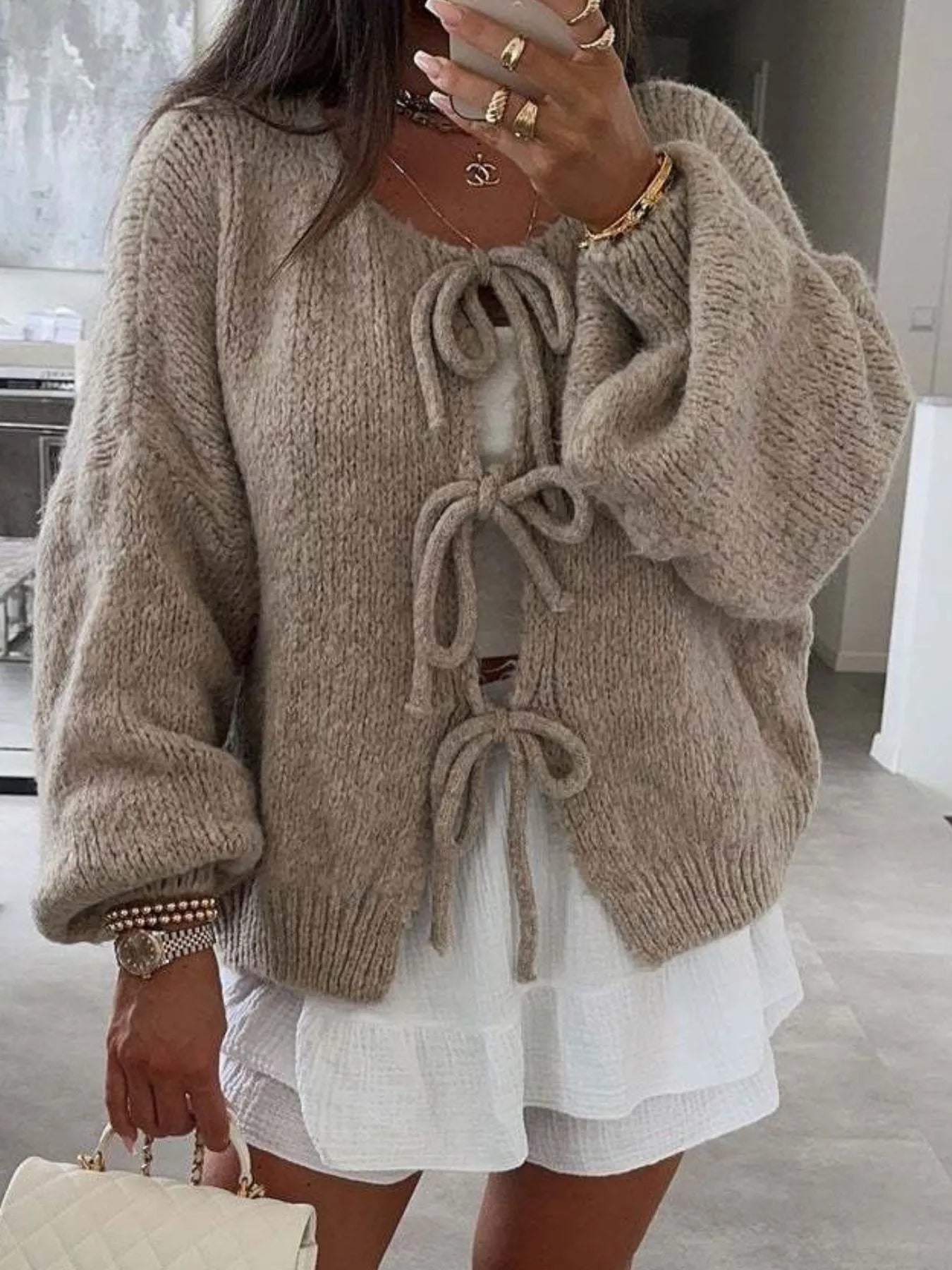 Cozy Bow-Tie Front Knit Cardigan Khaki - Fashorio