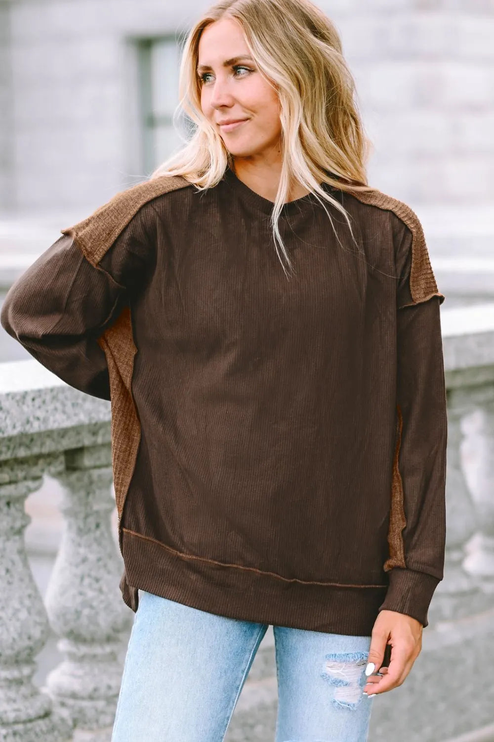 Ribbed Exposed Seam Dropped Shoulder Blouse - Fashorio