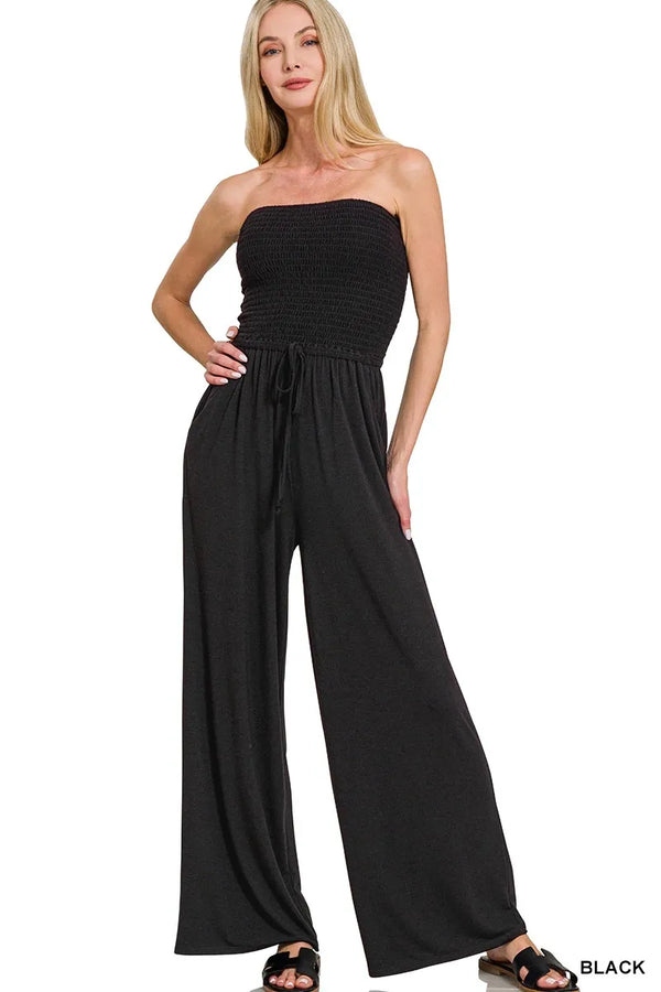 Zenana Strapless Wide Leg Smocked Jumpsuit BLACK - Fashorio