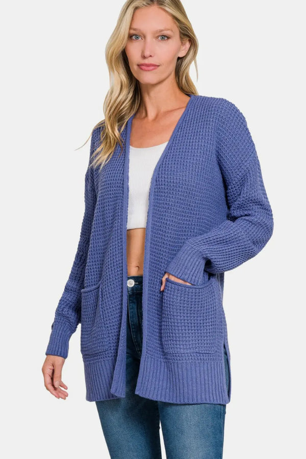 Zenana Waffle Open Front Sweater Cardigan Marlin - Fashorio
