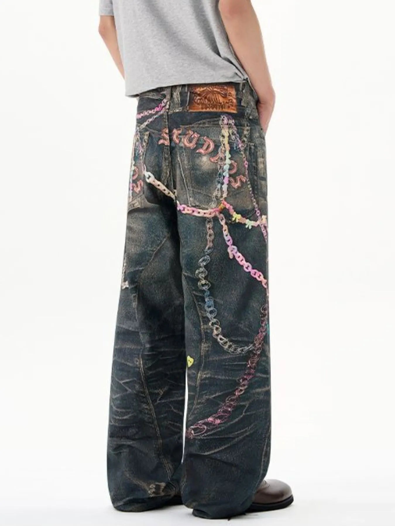 Men's Printed Washed Distressed Wide Leg Jeans - Fashorio