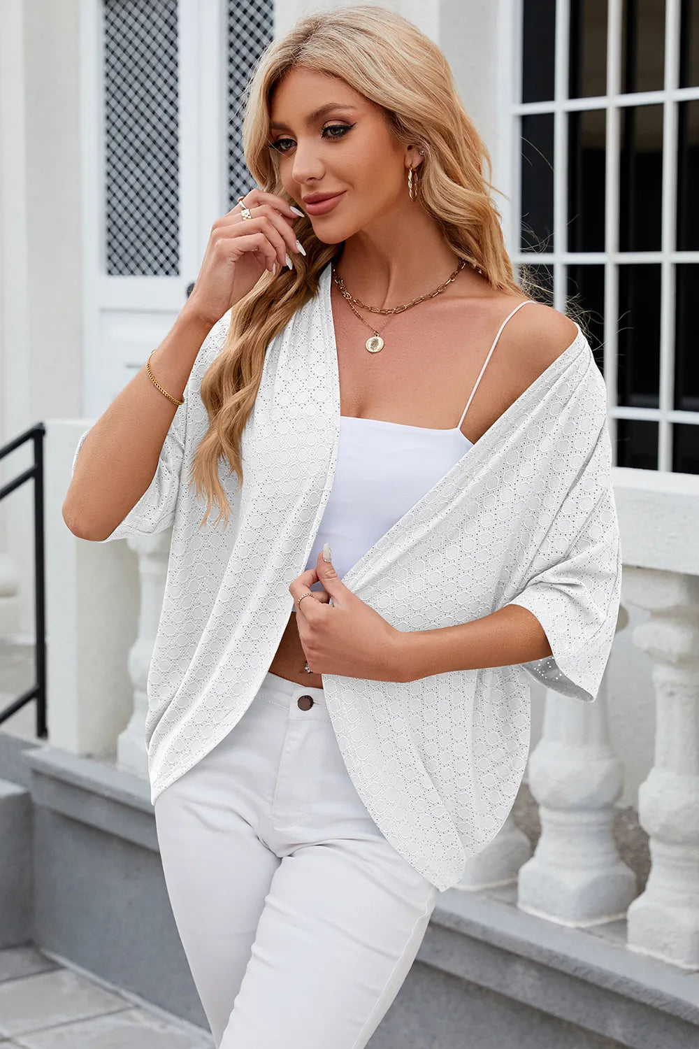 Eyelet Open Front Half Sleeve Cardigan - Fashorio